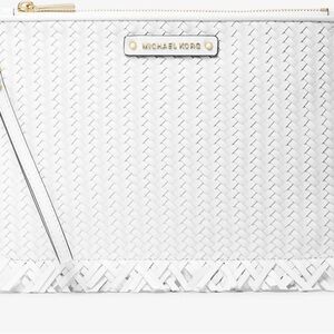 Michael Kors Jet Set Woven Leather Large Zip Pouch Clutch Wristlet in white